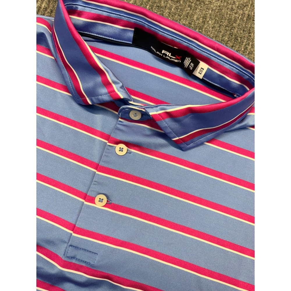 RLX Ralph Lauren Mens XXL Blue Pink Striped Performance Golf Polo Shirt
